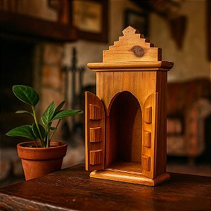 Oratório Em Madeira Entalhado Rústico Artesanal Com Almofadas na porta