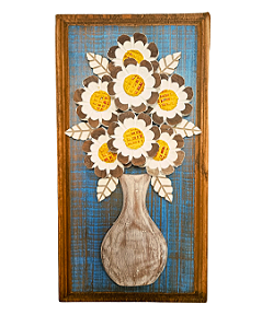 Quadro de Flores de Madeira Fundo Azul Fazenda Artesanal