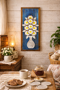 Quadro de Flores de Madeira Fundo Azul Fazenda Artesanal G