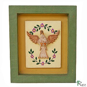 Quadro Divino Espírito Santo com Flores Rústico Encerado Pátina Branca Amarelo e Verde (26x22x3)cm