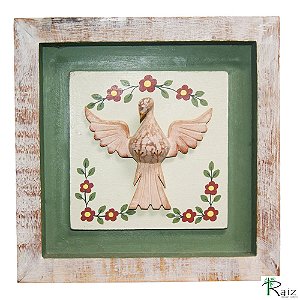 Quadro Divino Espírito Santo com Flores Rústico Encerado Pátina Branca Fundo Verde (26x26x3)cm