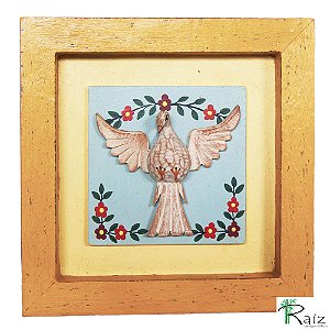 Quadro Divino Espírito Santo com Flores Rústico Encerado Patinado Fundo Amarelo Claro (22x22x2)cm