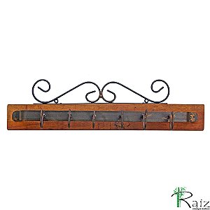 Cabideiro Artesanal Em Madeira E Ferro Seis Ganchos Rústico