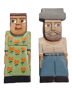 Casal de Mineiros Parede Quadro Esculpidos e Pintados a Mão em Madeira Artesanal