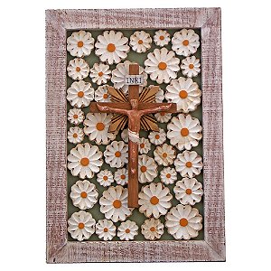 Quadro Jesus Cristo Flores Madeira Crucifixo Artesanal (S)