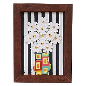 Quadro Vaso Flores Listras Pretas Madeira 40cm (S)