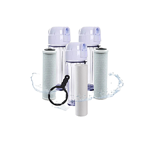 Kit 3 Carcaças Transparente 10 x 2 1/2 - 2 Carvão Ativado + 1 PP - 5 Micras