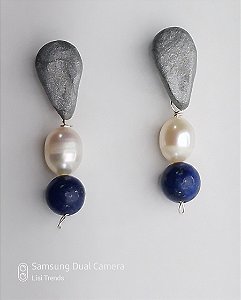 Brinco Gota Perola e Lápis Lazúli