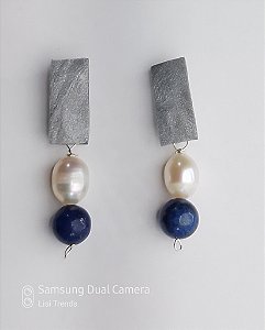 Brinco Pérolas e Lápis Lazúli Retangular