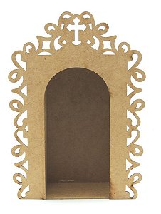 Oratório MDF Capela Oração Trabalhado Crucifixo 13x20x6,5cm