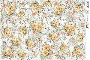 Papel Decoupage 30x45 cm OPAPEL 3275- Flores Rosas Amarelas Postais