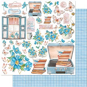Papel Para Scrapbook 30,5 Cm X 30,5 Cm Litoarte - Lili Negrão - Mala com Livros e Flores Azuis Folha de Recorte - SD1-09