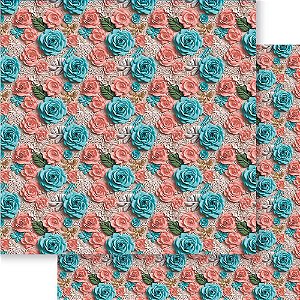 Papel Para Scrapbook 30,5 Cm X 30,5 Cm Litoarte - Rosa 3D coral E Verde - SD-1324