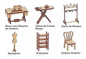 Kit 6 Miniatura Ateliê De Costura Máquina Manequim Tábua Mdf