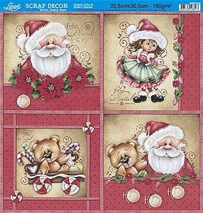 Papel Para Scrapbook Dupla Face 30,5 cm x 30,5 cm - SDN-064 - Scrap Duplo Natal - Noel, Menina, Urso/Poa Vermelho