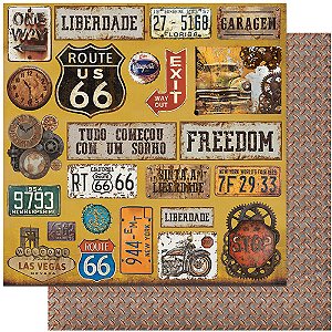 Papel Para Scrapbook Dupla Face 30,5 cm x 30,5 cm – Rustico, Carros, Moto, Placas, Las Vegas SD-1114