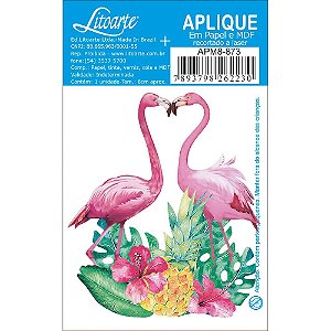 APM8-873 - Aplique Em Papel E MDF - Casal De Flamingo e Flores