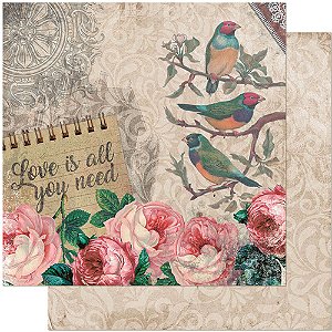 Papel Para Scrapbook Dupla Face 30,5 cm x 30,5 cm - SD-939 - Pássaro E Rosas Vintage