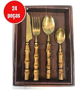 Faqueiro De Jantar Gold Bambu Natural / Talher 24 Peças