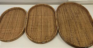 Bandejas de Madeira e Rattan Conjunto com 3