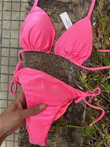 Biquíni Cortininha Rosa Neon Calcinha Lacinho