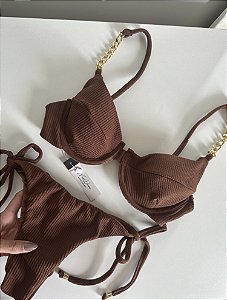 Meia Taça Marrom Correntes Calcinha Lacinho