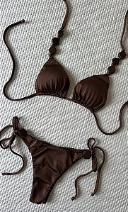 Biquíni Cortininha Marrom Pedras Lacinho