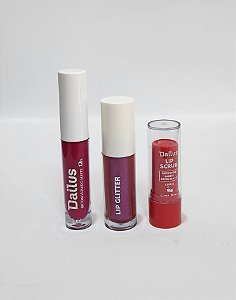 Batom Líquido 12H Fúcsia, Lip Glitter Pink Glass e Lip Scrub Esfoliante Labial Dailus