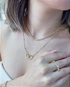 Colar 2 Corações Entrelaçados 45cm + 5cm extensor - Banho de Ouro 18k