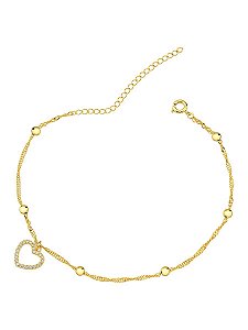 Tornozeleira Coração Cravejado 22cm + 5cm de extensor - Banho de Ouro 18k
