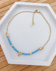 Tornozeleira Miçangas azul c/ bolinhas e Estrela 24cm + 3cm extensor - Banho de Ouro 18k