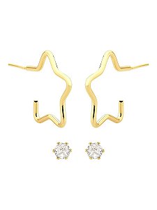 Brinco Duo Argola Estrela e Ponto de luz 2,2cm - Banho de Ouro 18k