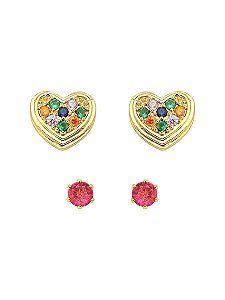 Brinco Duo Ponto de luz Pink e Coração Cravejado Color 1cm - Banho de Ouro 18k