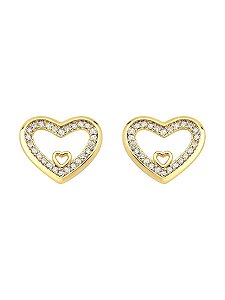 Brinco Coração Vazado Cravejado 1,3cm - Banho de Ouro 18k
