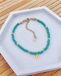 Pulseira Cristal Azul Leitoso e Estrela 17cm + 5cm extensor - Banho de Ouro 18k