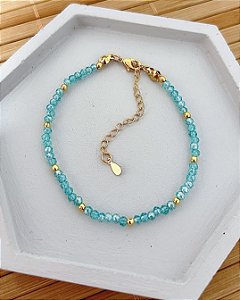 Pulseira Cristal Azul Agua e Bolinhas 6x1 18cm + 5cm extensor - Banho de Ouro 18k