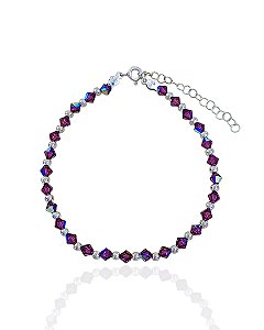 Pulseira Cristal Roxo e bolinhas 1x1 18cm + 5cm de Extensor - Prata 925