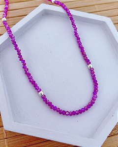 Colar Cristal Pink c/ Bolinhas 38cm + extensor de 7cm - Prata 925