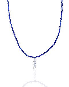 Colar Cristal Azul c/ Cavalo Marinho 38cm + extensor de 8cm - Prata 925