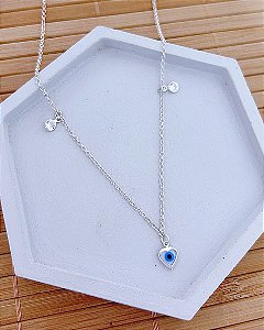 Colar Elo Português c/ Olho Grego e 2 Pontos de Luz 45cm + 6cm de Extensor - Prata 925