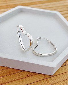 Brinco Argola Coração Meia Cana Grossa 4mm 2,5cm - Prata 925