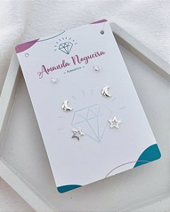 Brinco Trio Lua, Ponto de Luz e Estrela Vazada - Prata 925