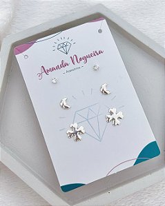 Brinco Trio Lua, Ponto de Luz e Trevo - Prata 925