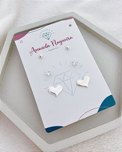 Brinco Trio Bolinha, Ponto de Luz e Coração - Prata 925