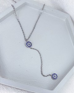 Colar Gravatinha Olho Grego Cravejado 40cm + 5cm de Extensor - Prata 925