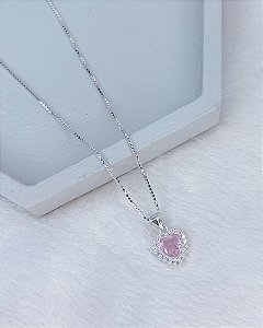 Colar Coração Rosa c/ Cravejado em Volta 45cm - Prata 925