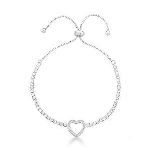 Pulseira Riviera c/ Coração Cravejado Modelo Gravatinha 2mm 24cm Ajustável - Prata 925