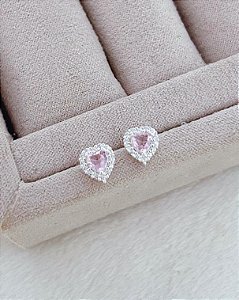 Brinco Coração Rosa c/ Cravejado em Volta 0,7cm - Prata 925