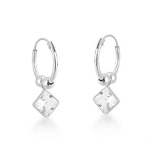 Brinco Argolinha c/ Pingente Zircônia Quadrada de Encaixe 1,2cm - Prata 925