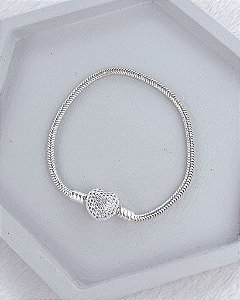 Pulseira Para Berloque Fecho Coração Cravejado - Prata 925